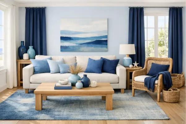 beach theme living room tonal blue color scheme Styled to Glow the beach theme living room tonal blue color scheme