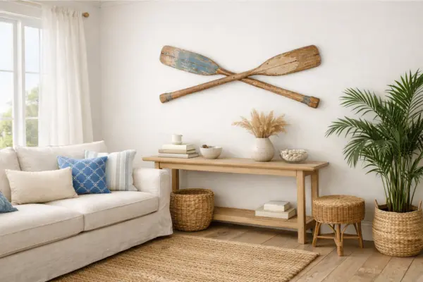 beach theme living room vintage paddles decor Styled to Glow the beach theme living room vintage paddles decor