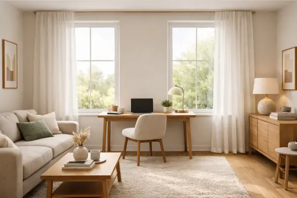 between windows desk living room office Styled to Glow the between windows desk living room office