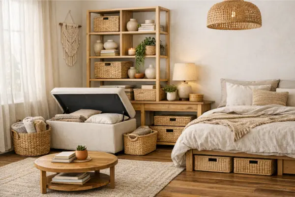 the boho studio apartment hidden storage solutions