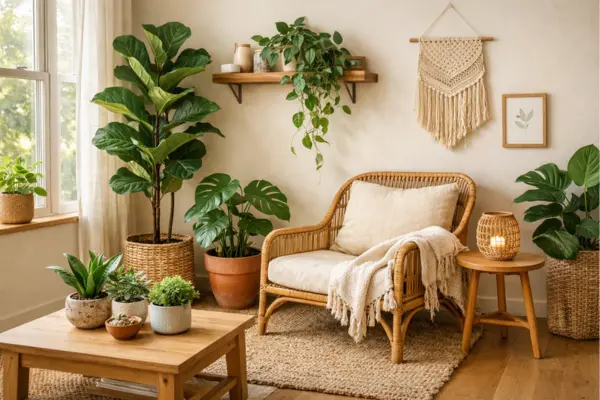 the boho studio apartment indoor plants decor