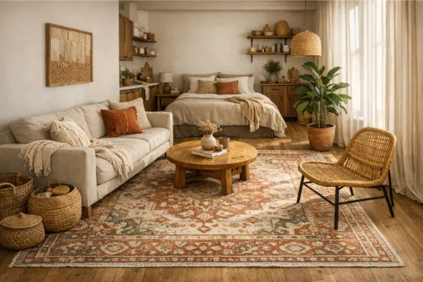 the boho studio apartment large area rug