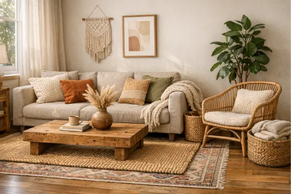 the boho studio apartment layered textures decor