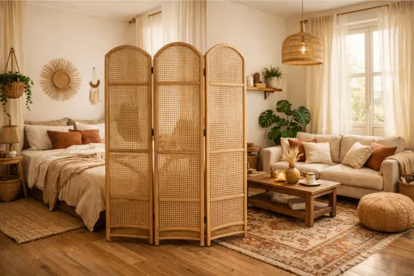 the boho studio apartment light room divider