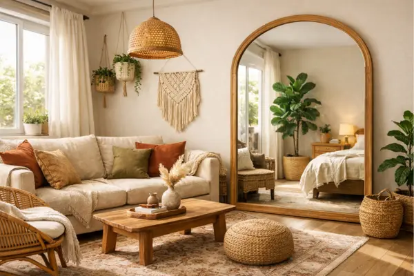 the boho studio apartment mirror to open space