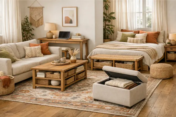 the boho studio apartment multi functional furniture