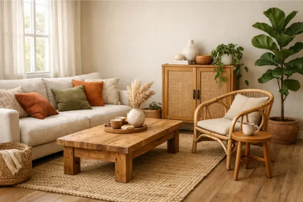 the boho studio apartment natural material furniture