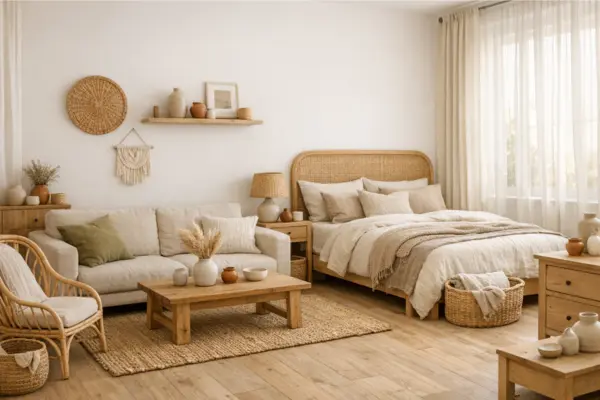 the boho studio apartment neutral color palette