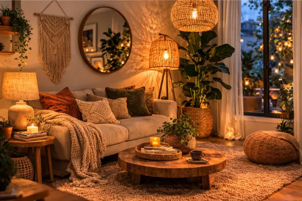 the boho studio apartment soft lighting ideas