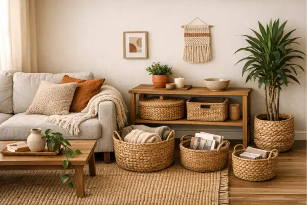 the boho studio apartment woven storage baskets