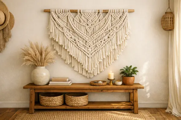 boho wall hanging above the entryway table Styled to Glow the boho wall hanging above the entryway table