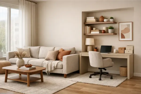 color matched office corner living room Styled to Glow the color matched office corner living room