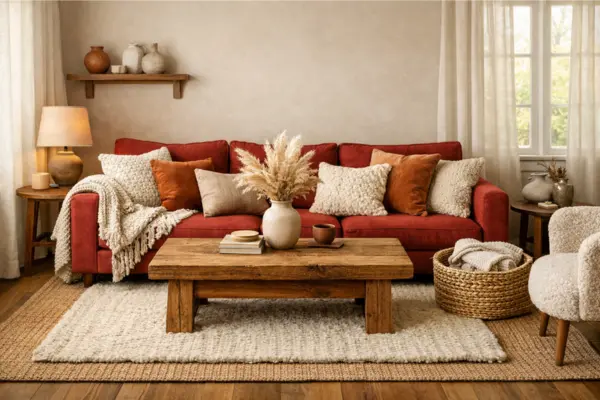 the cozy textured red couch living room