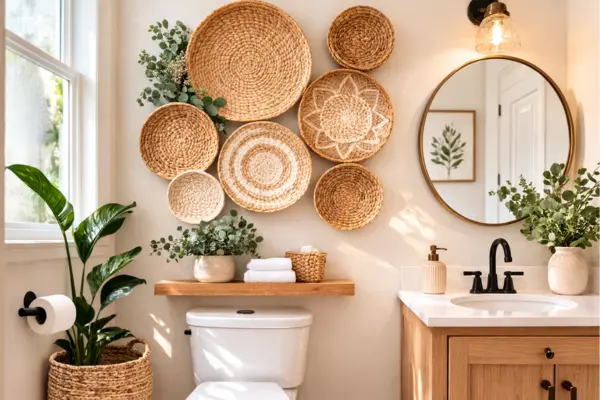 the decorative woven baskets on the wall