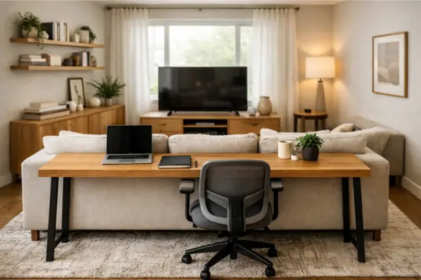 desk behind sofa living room office Styled to Glow the desk behind sofa living room office
