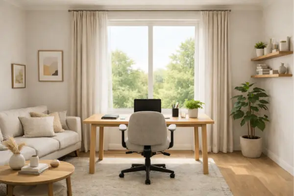 desk facing window living room office Styled to Glow the desk facing window living room office