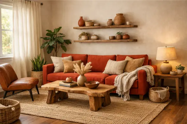 the earth tone red couch living room style