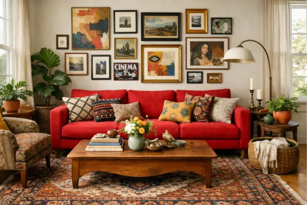 the eclectic red couch living room decor idea