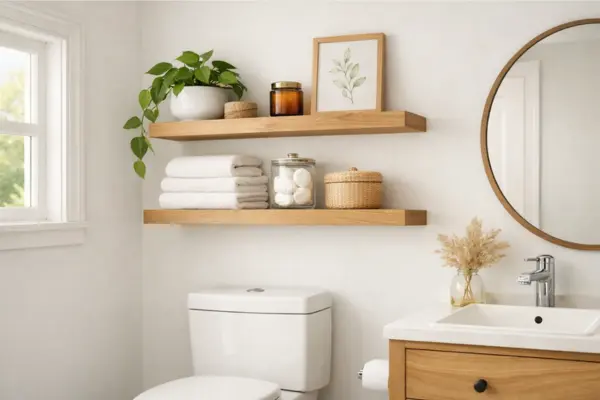 the floating shelves for decor and storage