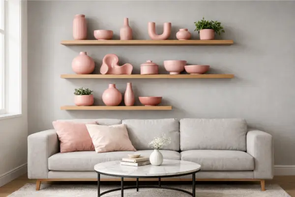 the floating shelves pink ceramic decor