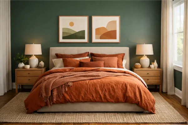 the forest green walls burnt orange bedding bedroom
