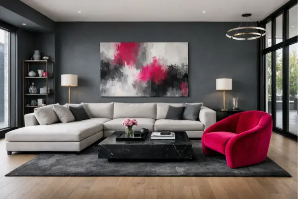 the fuchsia accent slate grey walls