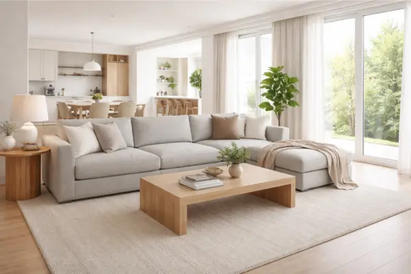 gray sectional open plan living room Styled to Glow the gray sectional open plan living room