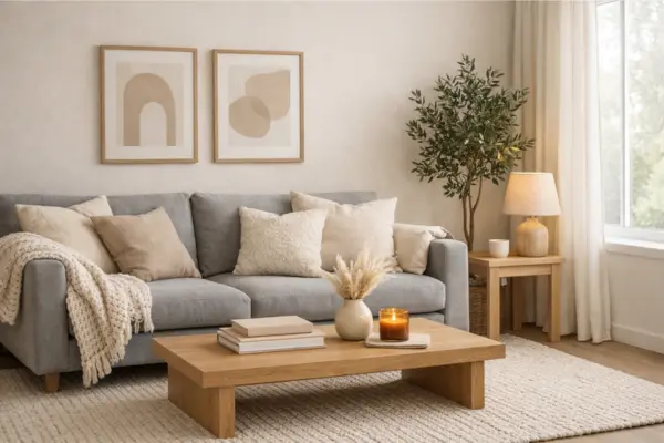 gray sofa beige cream layered living room Styled to Glow the gray sofa beige cream layered living room