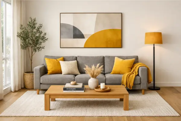 gray sofa bold accent color living room Styled to Glow the gray sofa bold accent color living room