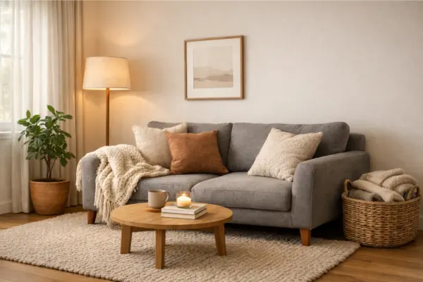 gray sofa cozy throw blanket living room Styled to Glow the gray sofa cozy throw blanket living room