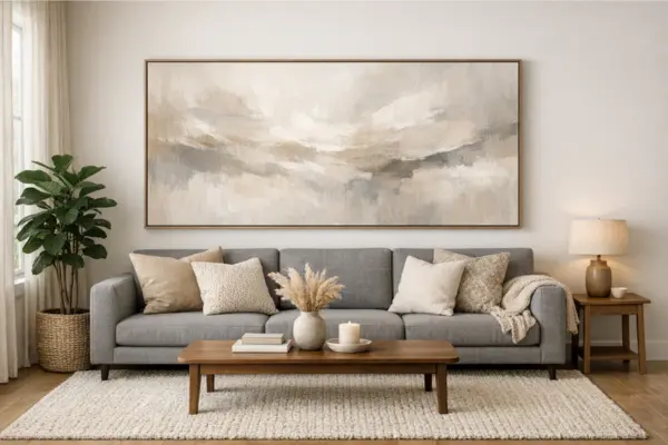 gray sofa oversized wall art living room Styled to Glow the gray sofa oversized wall art living room