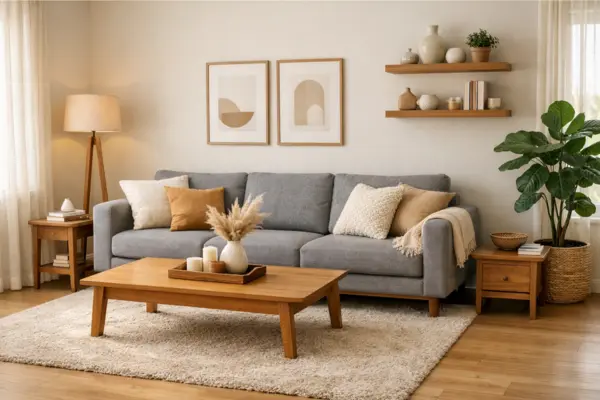 gray sofa warm wood furniture living room Styled to Glow the gray sofa warm wood furniture living room