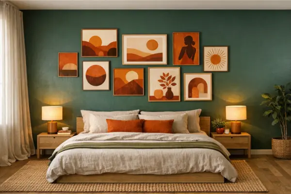 the green accent wall orange wall art bedroom