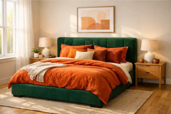 the green bed frame orange bedding bedroom
