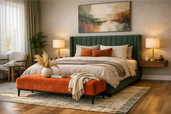 the green bed frame orange upholstered bench bedroom