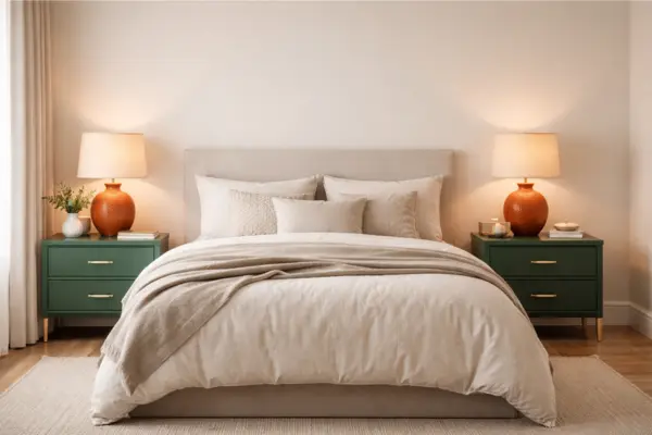 the green bedside tables orange lamps bedroom