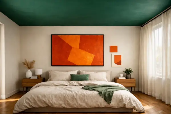 the green ceiling orange artwork bedroom