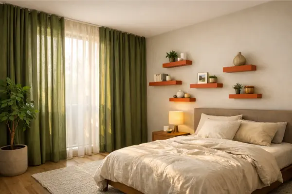 the green curtains orange wall shelves bedroom