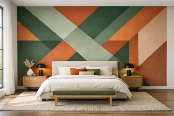 the green orange geometric feature wall bedroom