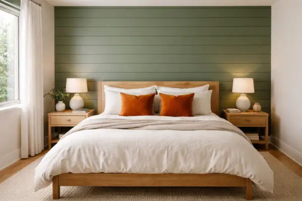 the green shiplap wall orange throw pillows bedroom