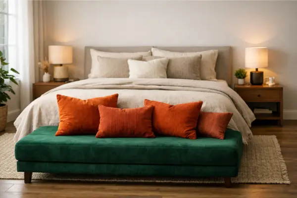 the green upholstered bench orange cushions bedroom
