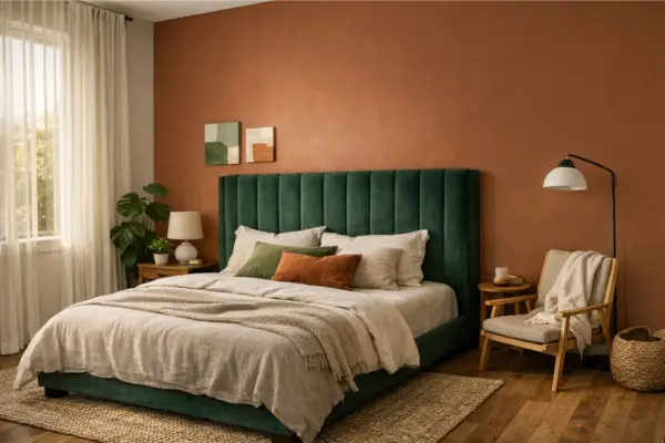 the green upholstered headboard orange accent wall bedroom