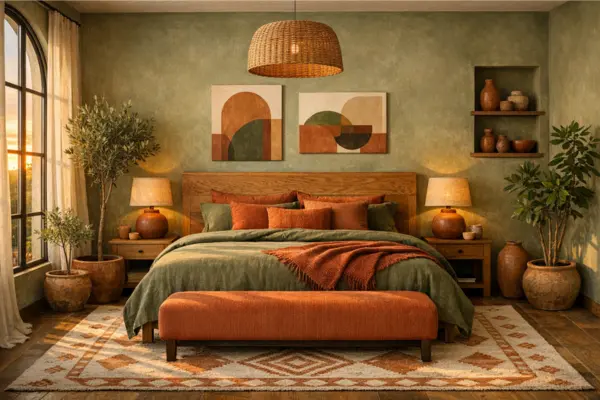 the green wallpaper orange floral accents bedroom
