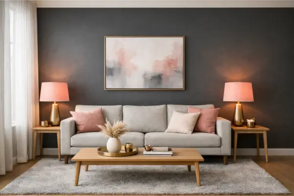 the grey feature wall pink lampshades