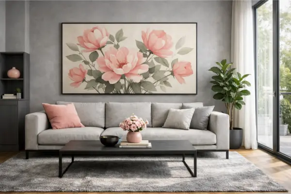 the grey living room pink botanical wall art