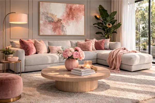 the grey modular sofa rose pink cushions