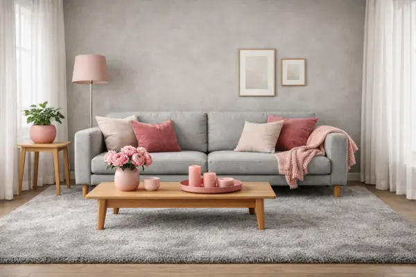 the grey rug with pink accents living room