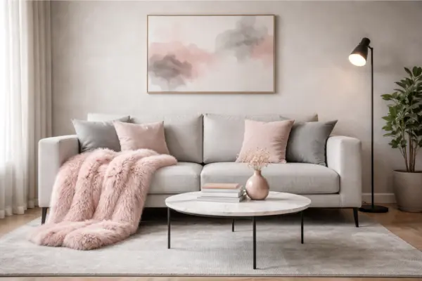the grey sofa pink fur throw