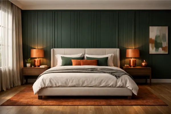 the half painted green wall orange headboard bedroom