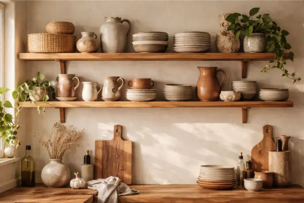 handmade pottery boho kitchen shelves Styled to Glow the handmade pottery boho kitchen shelves